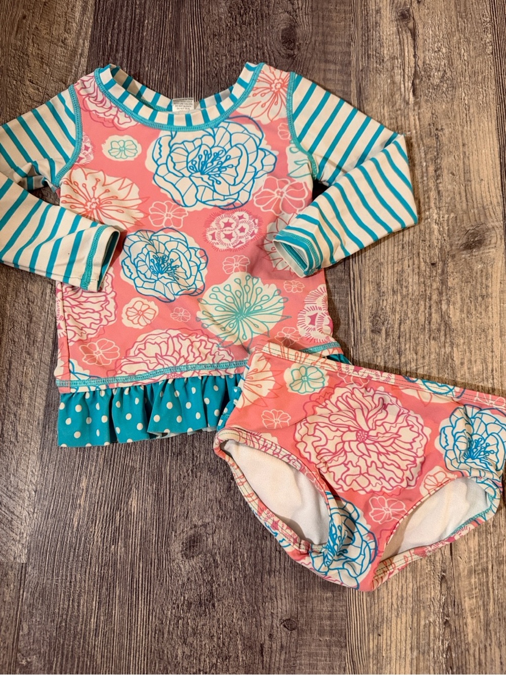 RuffleButts Floral Rash Guard Bikini Swimsuit 18-24M Pink Blue Long Stripes